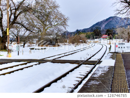 View of snow-covered railway tracks from the platform View of snow-covered railway tracks from the platform 128746785
