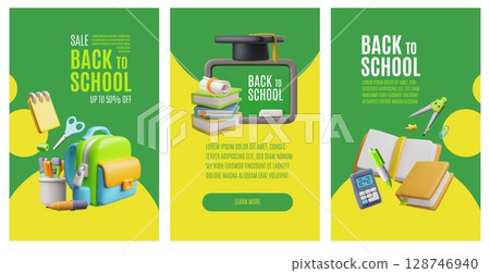 3D poster set with seasonal discounts before school, chalk board, graduation cap and stationery. 128746940