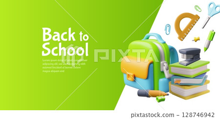 Back to school 3D plastic style vector banner design, cartoon education school supplies, backpack and books stack Back to school 3D plastic style vector banner design, cartoon education school supplies, backpack and books stack 128746942