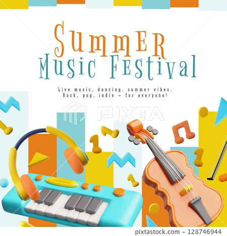 Summer music festival poster with 3D musical instruments, headphones, violin, synthesizer, notes. 128746944