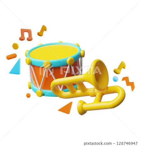 3d vector musical instruments, drum, trumpet, notes. 3d vector musical instruments, drum, trumpet, notes. 128746947