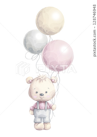Watercolor Teddy bear with balloon bunch. Cute hand-painted illustration in soft pastel colors. Perfect for nursery wall art, cards, invitations, lovely children's decor and apparel prints 128746948