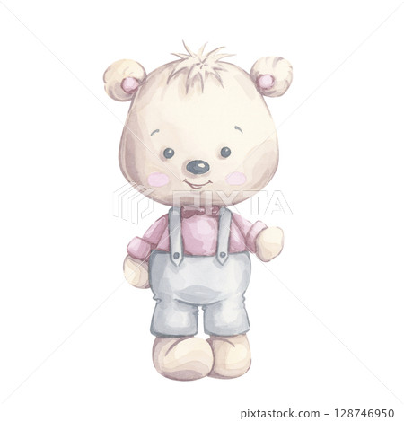 Watercolor baby bear illustration in soft pastel style. Its paw is shaped to gently hold any added object or design element. Great for nursery decor, baby prints, and cards Watercolor baby bear illustration in soft pastel style. Its paw is shaped to gently hold any added object or design element. Great for nursery decor, baby prints, and cards 128746950