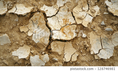 Closeup of cracked dry earth in a desert or arid climate 128746981