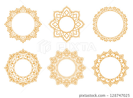 Set of decorative frames Elegant vector element for design in Eastern style, place for text. Floral golden and white borders. Lace illustration for invitations and greeting cards Set of decorative frames Elegant vector element for design in Eastern style, place for text. Floral golden and white borders. Lace illustration for invitations and greeting cards 128747025
