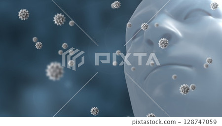 Multiple covid-19 cells floating over human head model against copy space on blue background Multiple covid-19 cells floating over human head model against copy space on blue background 128747059