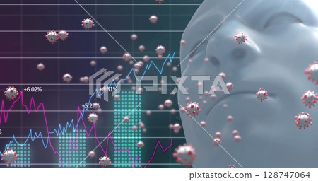 Multiple covid-19 cells over human head model against statistical data processing on blue background 128747064