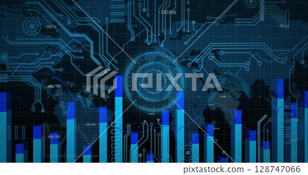 Image of computer circuit board, world map and data processing Image of computer circuit board, world map and data processing 128747066
