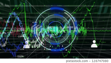 Financial data processing and multiple profile icons over neon round scanner on black background 128747080