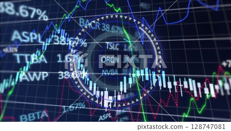 Image of rotating security system scope scanning over caucasian male worker with stars on black back Image of rotating security system scope scanning over caucasian male worker with stars on black back 128747081