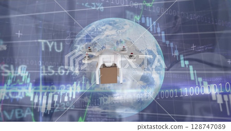 Image of drone over globe, graphs and financial data and african american male doctor Image of drone over globe, graphs and financial data and african american male doctor 128747089