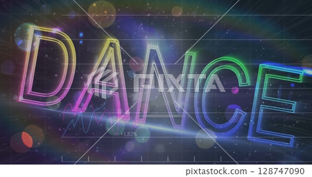 Image of dance and lights over financial graphs on black background 128747090