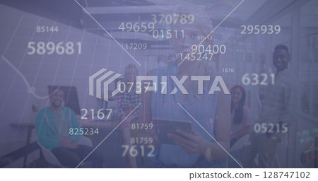 Image of changing numbers over diverse businesspeople in office Image of changing numbers over diverse businesspeople in office 128747102