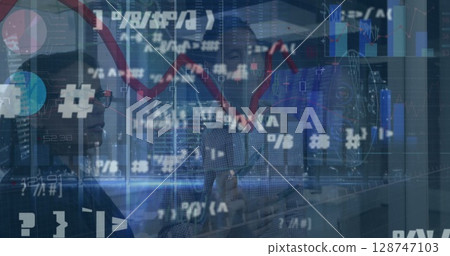 Image of data processing over diverse business people talking Image of data processing over diverse business people talking 128747103