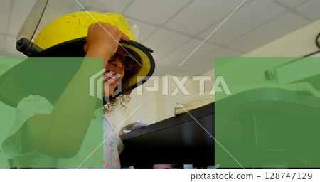 Abstract geometric shapes spinning against caucasian girl holding girl in girl holding girl holding Abstract geometric shapes spinning against caucasian girl holding girl in girl holding girl holding 128747129