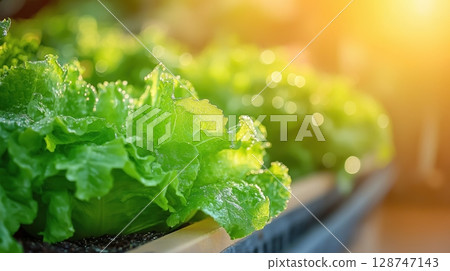 Fresh green lettuce growing in a greenhouse with morning sunlight 128747143