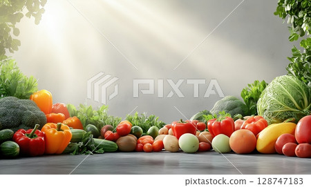 Variety of fresh vegetables arranged on a table with sunlight 128747183
