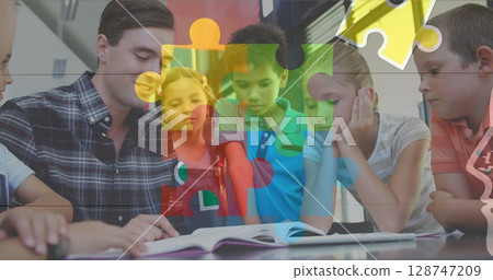 Image of colorful puzzle and head profile over caucasian man reading to diverse children 128747209