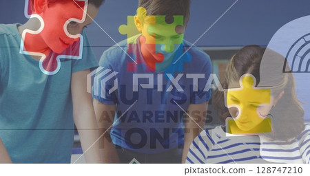 Image of puzzle over diverse schoolchildren 128747210