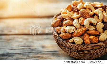 Mixed nuts in a wicker basket with soft sunlight background 128747213