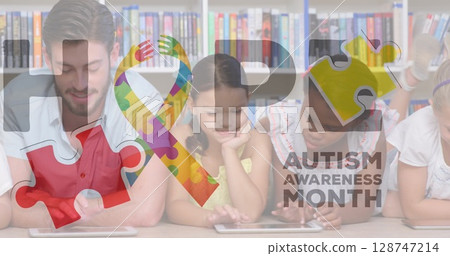 Image of hope, autism awareness month and colorful ribbon over diverse pupils at school 128747214