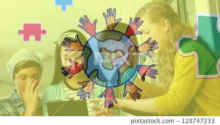 Image of colorful puzzle and globe with hands over diverse children using tablet 128747233