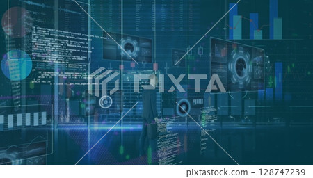 Image of data processing on screens over back view of businessman using touchscreen 128747239