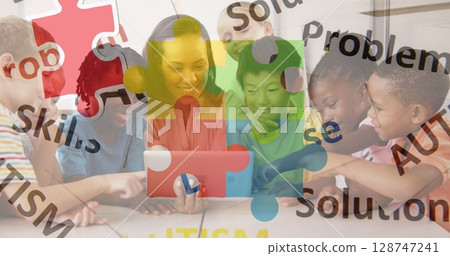 Image of puzzle and autism texts over female teacher and diverse pupils at school 128747241