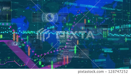 Image of financial data and screens over world map on blue background Image of financial data and screens over world map on blue background 128747252