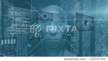 Image of data processing on blue digital screens, servers and human head model Image of data processing on blue digital screens, servers and human head model 128747266
