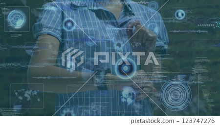 Image of data processing on screens over caucasian woman checking smartwatch 128747276