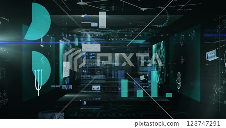 Image of diverse graphs and data moving in black space 128747291