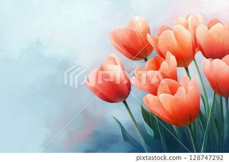 Soft pastel watercolor tulips on light blue background for spring Soft pastel watercolor tulips on light blue background for spring 128747292