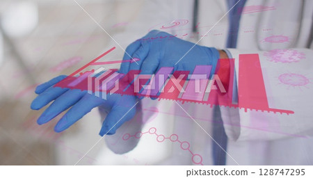 Slipping gloved hands of lab coat-clad scientist at research lab, with digital data overlay Slipping gloved hands of lab coat-clad scientist at research lab, with digital data overlay 128747295