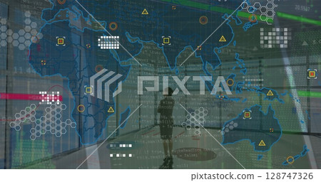 Female data analyst wearing blazer monitoring curved screen in control room, with map overlay, code 128747326