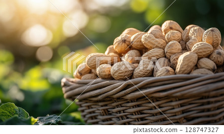 Wicker basket filled with peanuts on a sunlit farm field 128747327