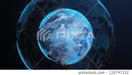 Image of spinning globe over dark background Image of spinning globe over dark background 128747332