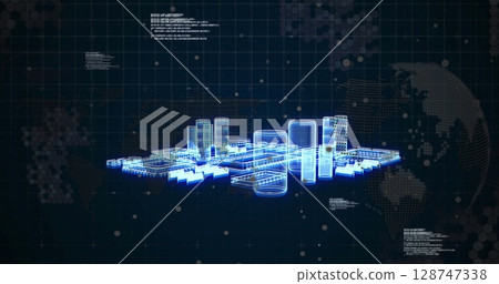 Image of metaverse city and data processing over globe on black background Image of metaverse city and data processing over globe on black background 128747338