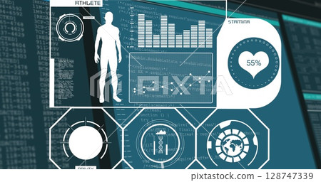 Displaying digital athlete interface on virtual screen, with silhouette graphic and stamina gauge Displaying digital athlete interface on virtual screen, with silhouette graphic and stamina gauge 128747339