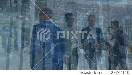 Image of financial graphs over back view of businessmen walking in office 128747348