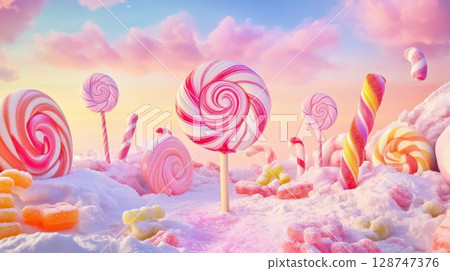 Candyland Wonderland,  Colorful Fantasy Landscape with Giant Lollipops and Sweet Treats 128747376