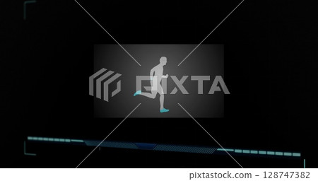 Displaying digital male runner silhouette moving right on HUD panel, with cyan progress bar Displaying digital male runner silhouette moving right on HUD panel, with cyan progress bar 128747382