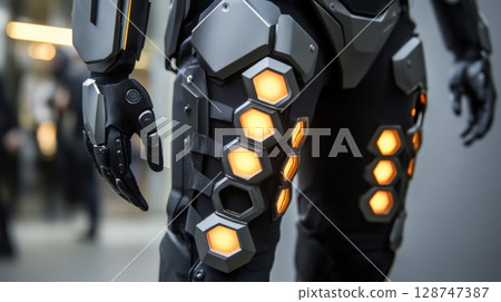 Close up of futuristic robotic leg with glowing elements and detailed design 128747387