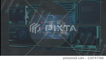 Digital image of interface with data processing over caucasian man wearing vr headset 128747388