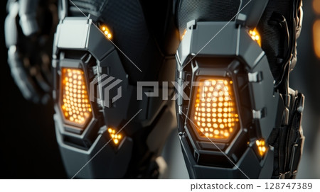 Close up of futuristic robotic armor with glowing elements and intricate design features Close up of futuristic robotic armor with glowing elements and intricate design features 128747389