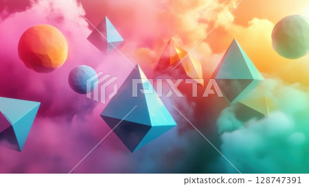 Abstract colorful geometric shapes floating in clouds. 3D digital illustration of spheres, pyramids, and triangles in a dreamy landscape 128747391