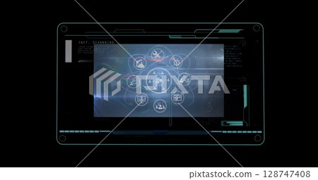 Digital image of interface with data processing against black background Digital image of interface with data processing against black background 128747408