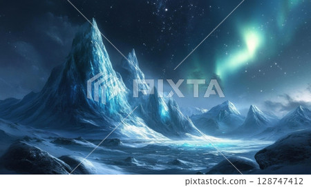 Mystical Night Sky with Northern Lights over Snowy Mountains Mystical Night Sky with Northern Lights over Snowy Mountains 128747412