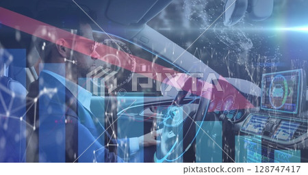 Image of connections, arrow and graphs over caucasian man driving car Image of connections, arrow and graphs over caucasian man driving car 128747417