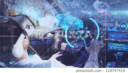 Image of data processing over caucasian man wearing vr headset sitting in car Image of data processing over caucasian man wearing vr headset sitting in car 128747419